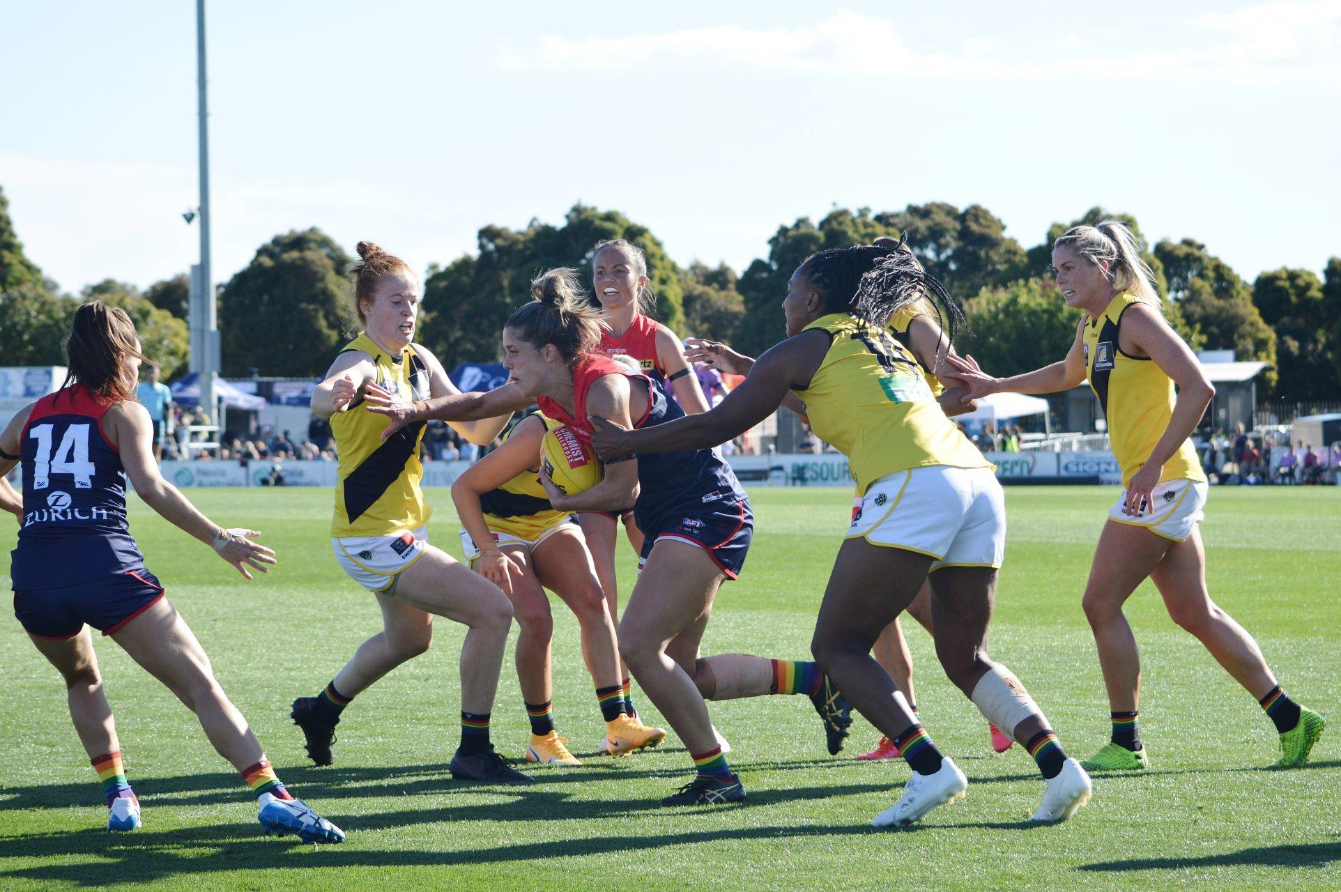 Lauren Pearce during the round 2 2021 AFLW match between Melbourne and Richmond at Casey Fields.