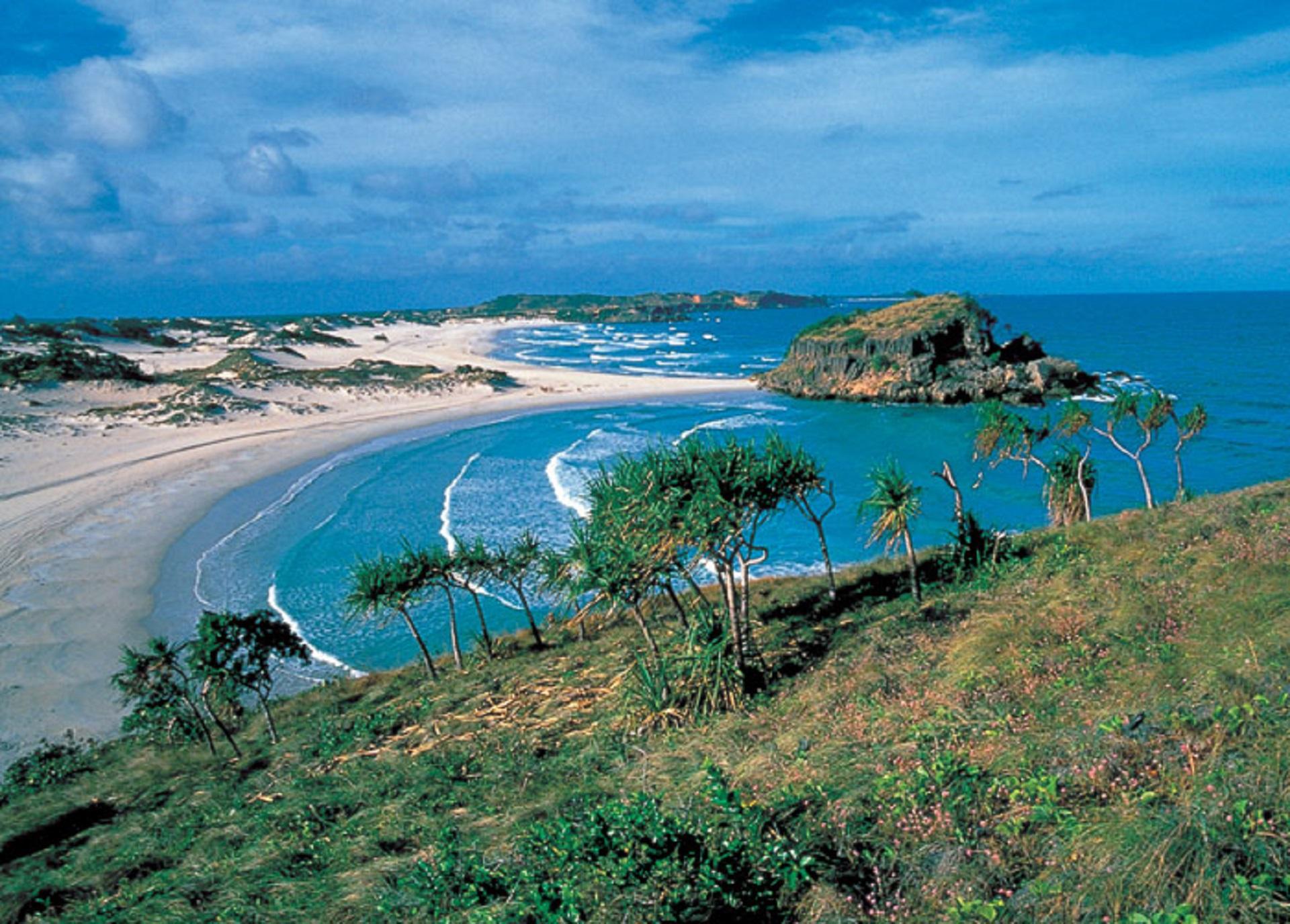 A view of a beach from atop a hillside on a sunny day.
