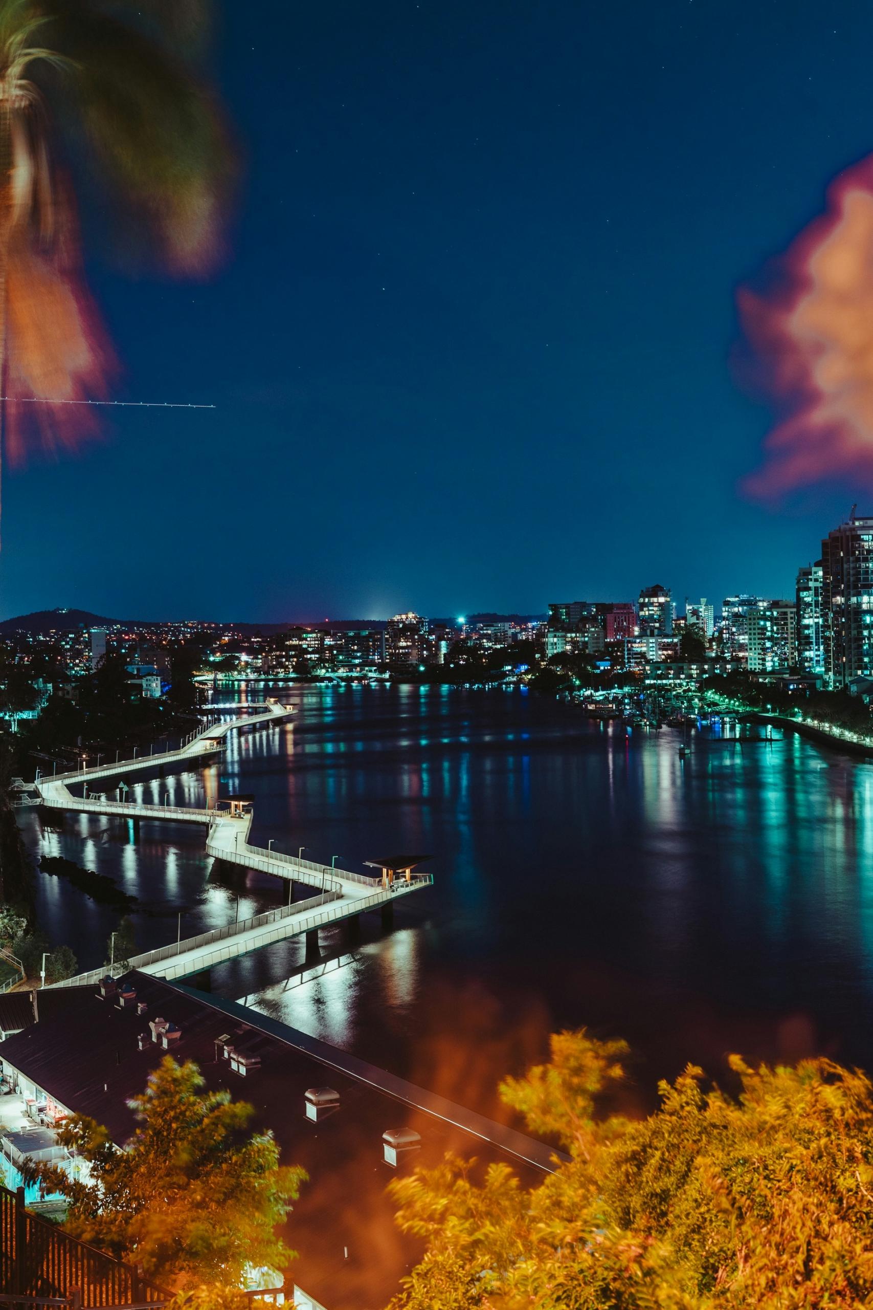 The Brisbane bridge and skyline at night. 