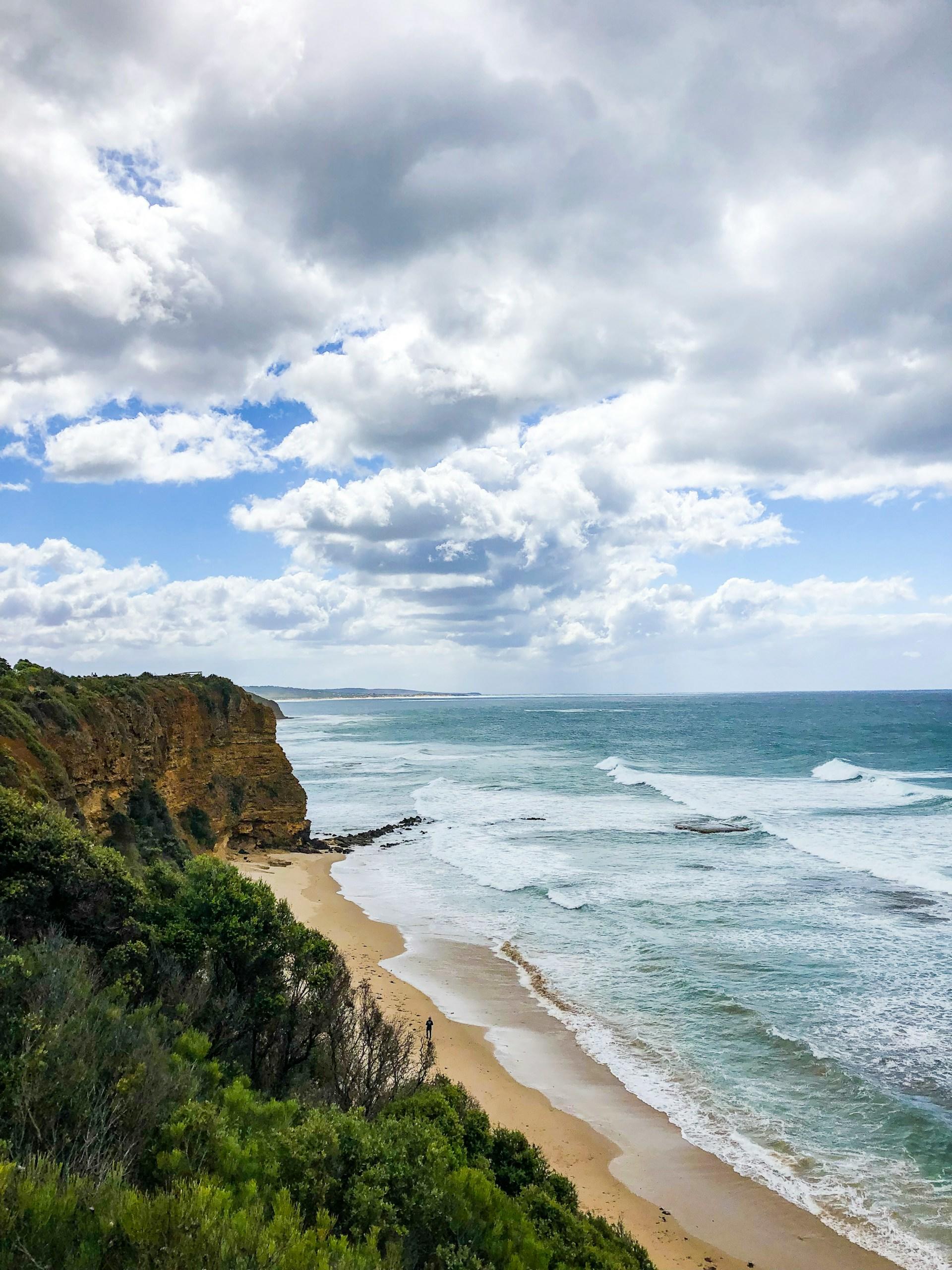 A coastal scene with a bluff on a cloudy day. 