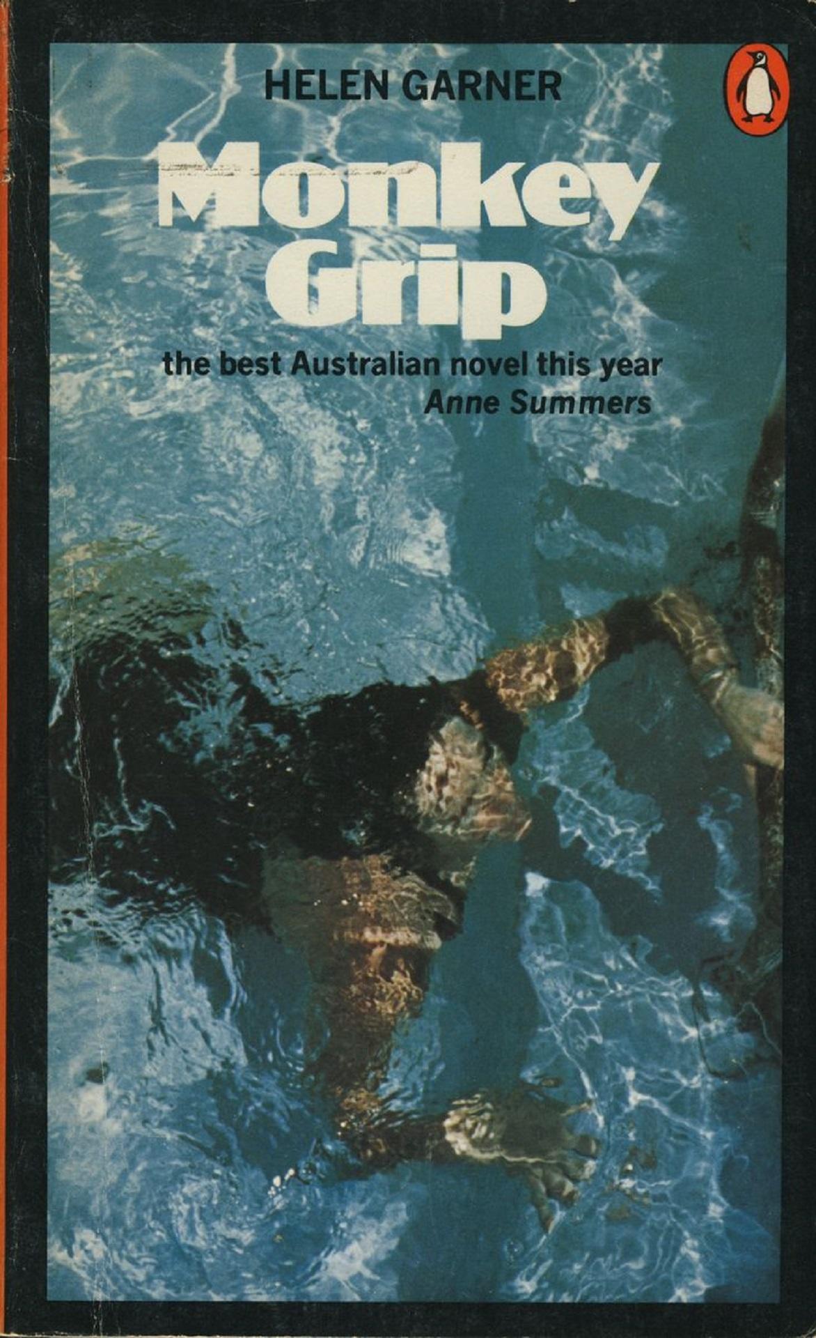 A book cover featuring a woman swimming and white lettering.