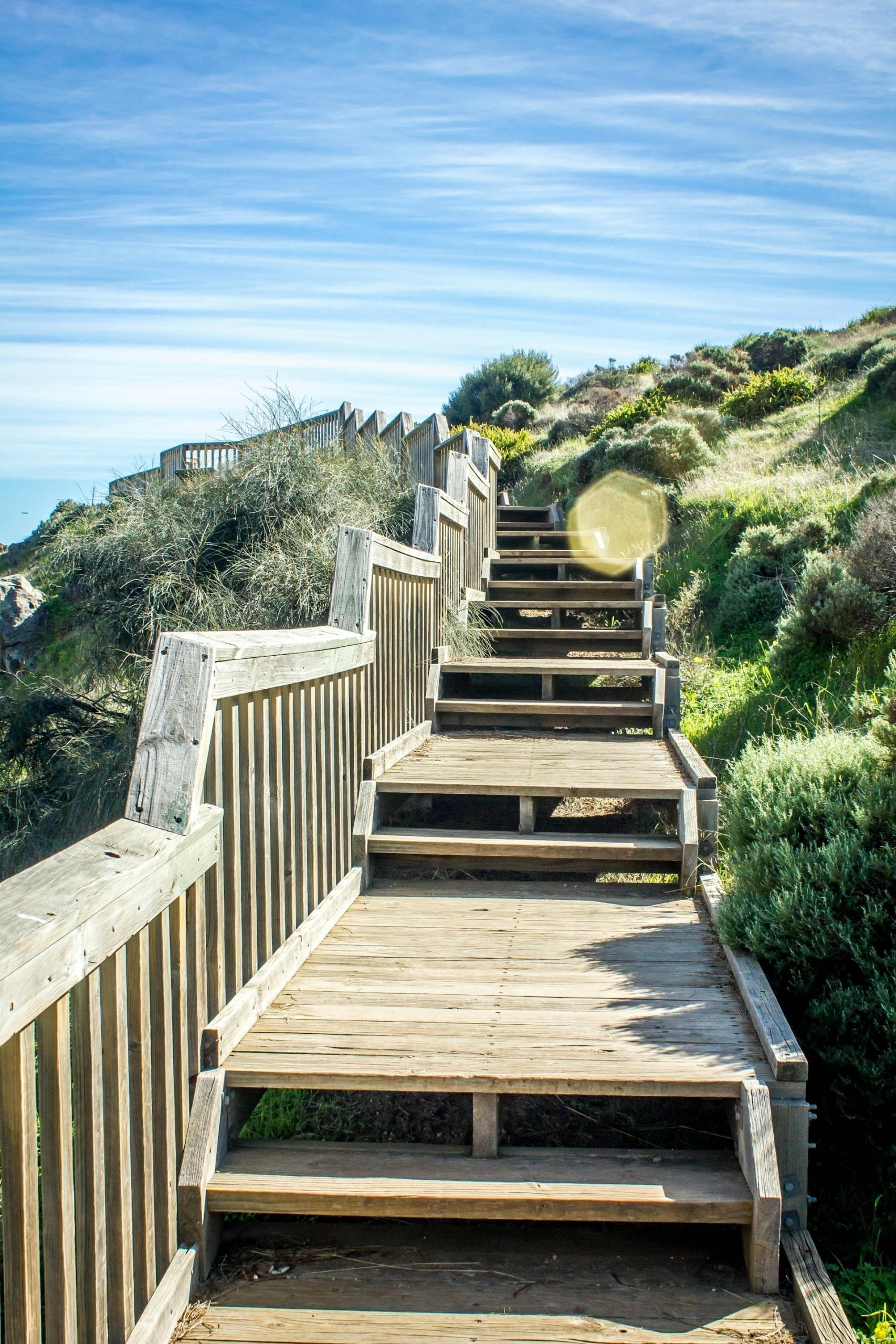 A staircase going up a green hill on a sunny day.