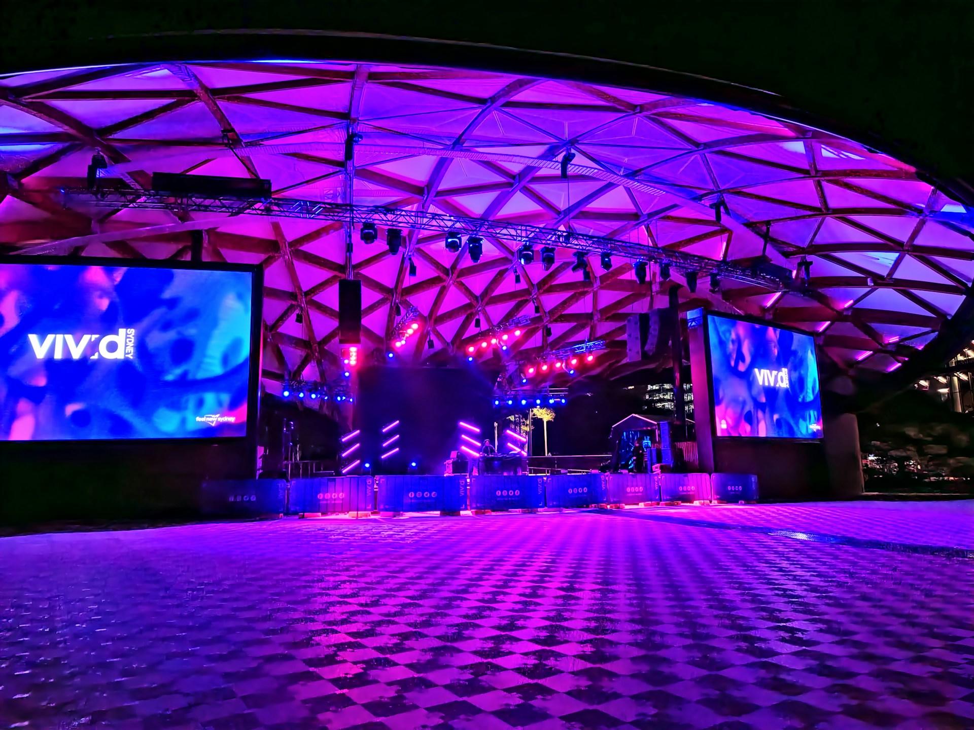 Tumbalong Park stage set up for Vivid Sydney event