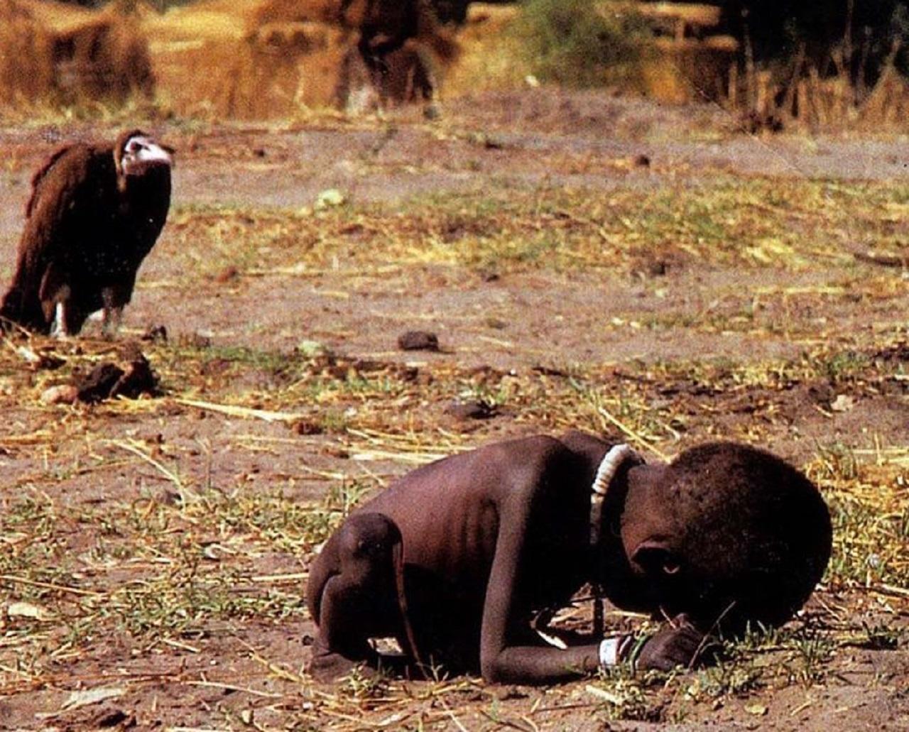 An emaciated child on the ground with a vulture nearby.