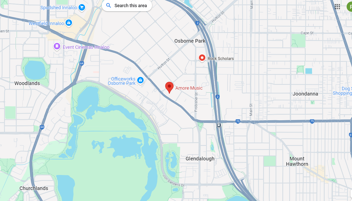 A map showing the location of Amore Music.