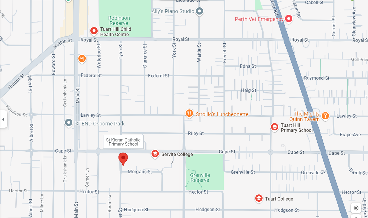 A city map with locations marked in red and orange.