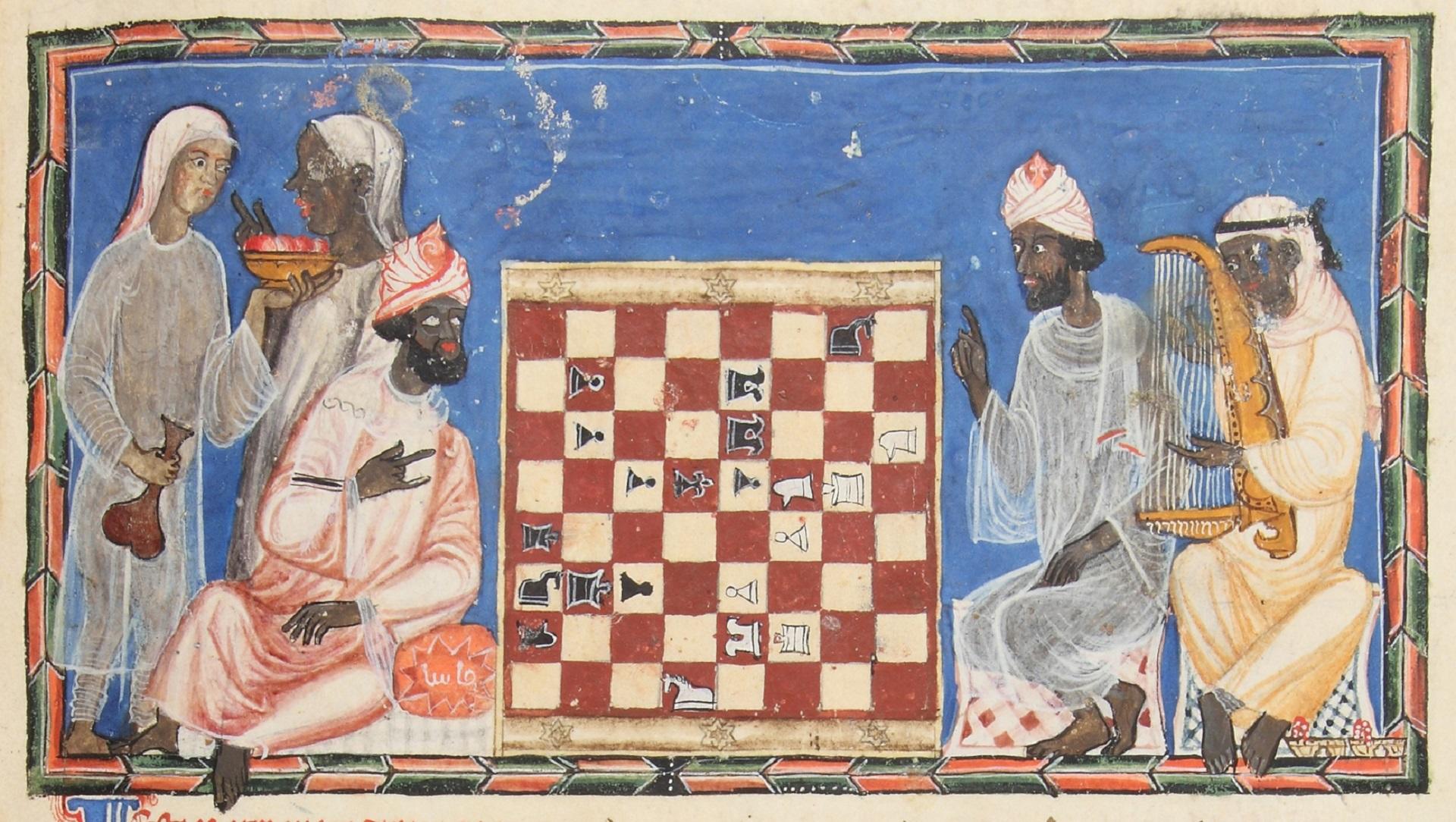 Five figures in a tableau with a chess board in the centre.