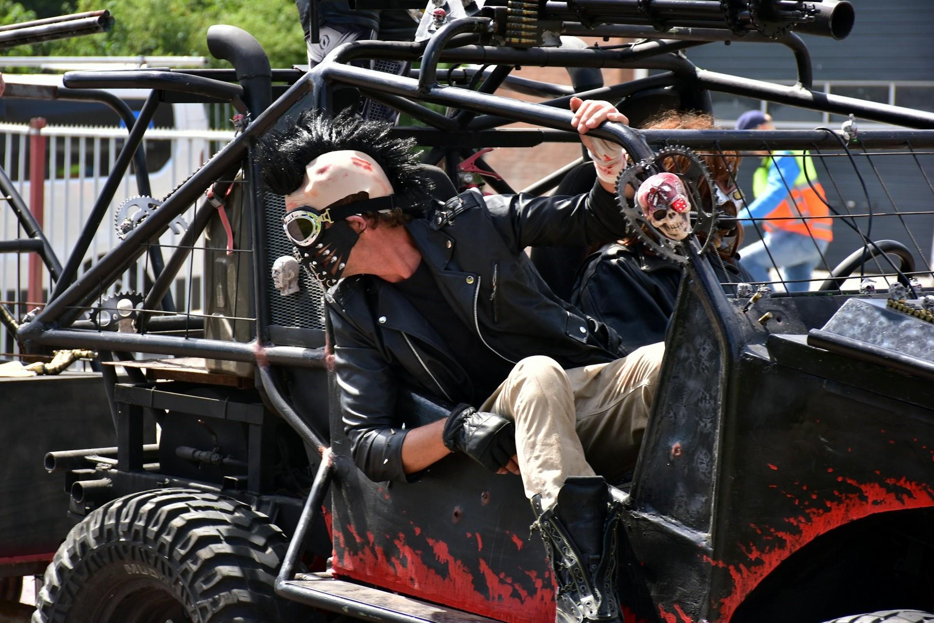 A person dressed like they're in Mad Max.