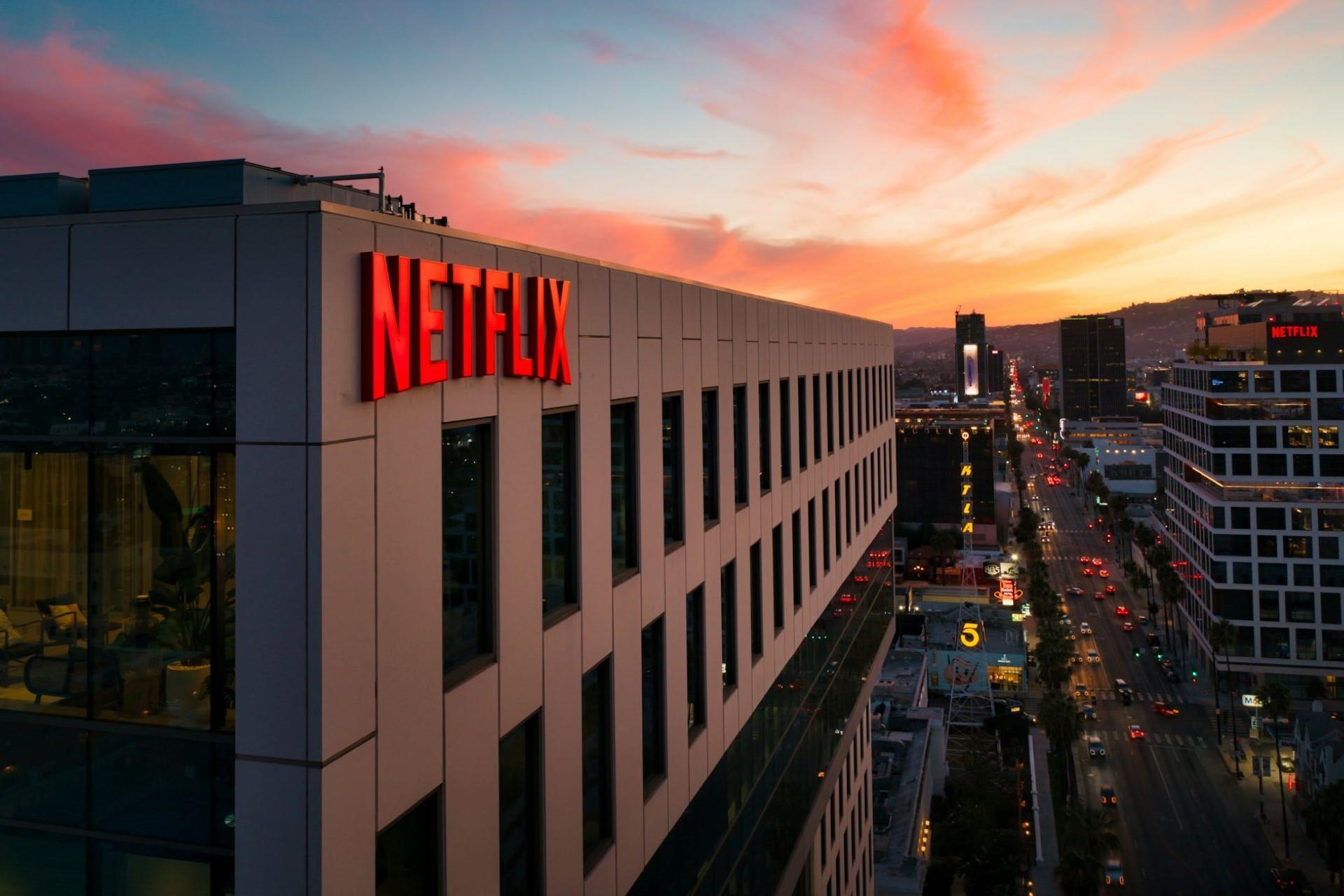 A view of a building with Netflix branding on it.