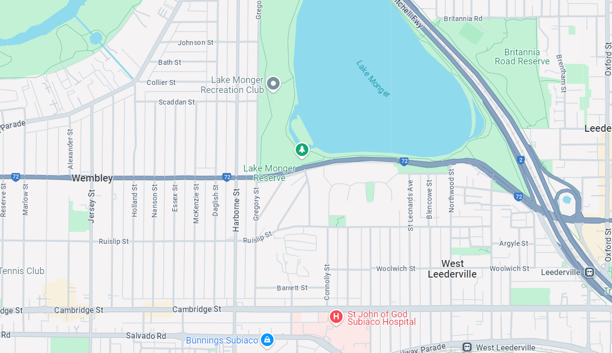 A city map with a park and lake in the middle.