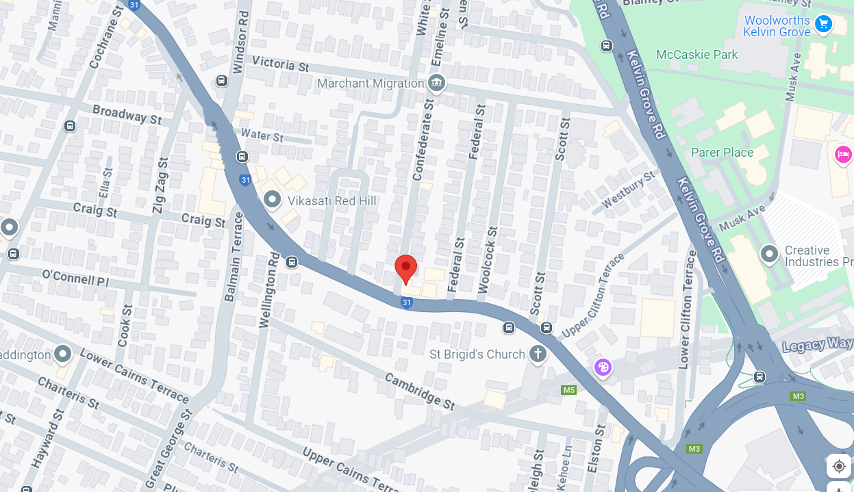 A city map with a red marker showing a particular location. 