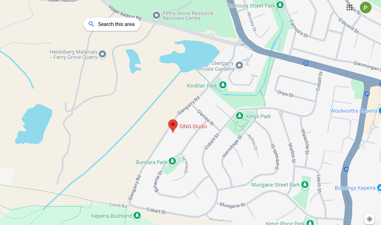 A map showing city streets and a location with a red marker. 