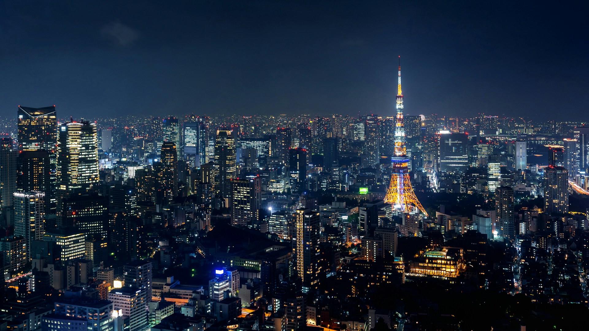 A city at night, seen from above.  