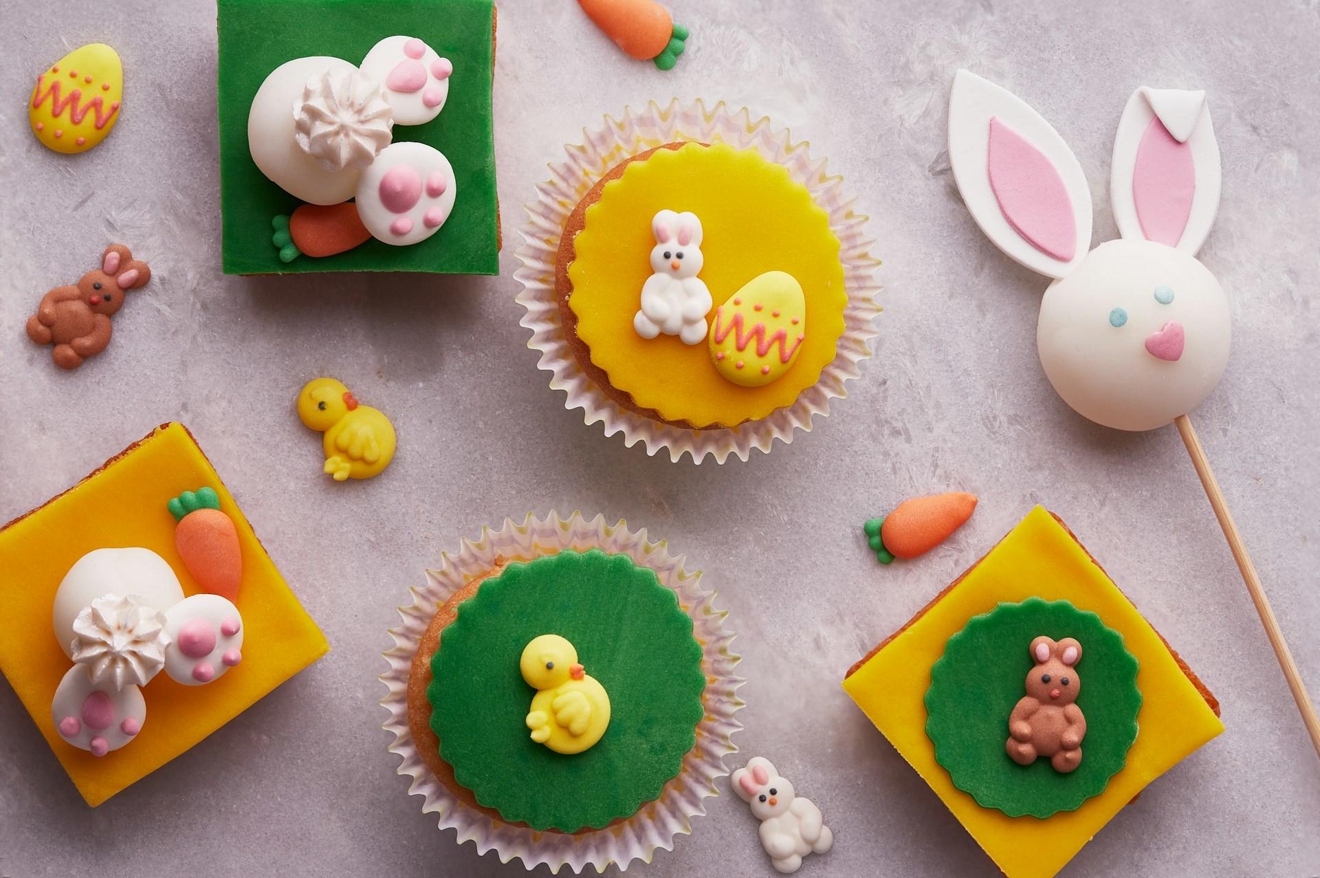 Easter treats laid out on a white surface. 
