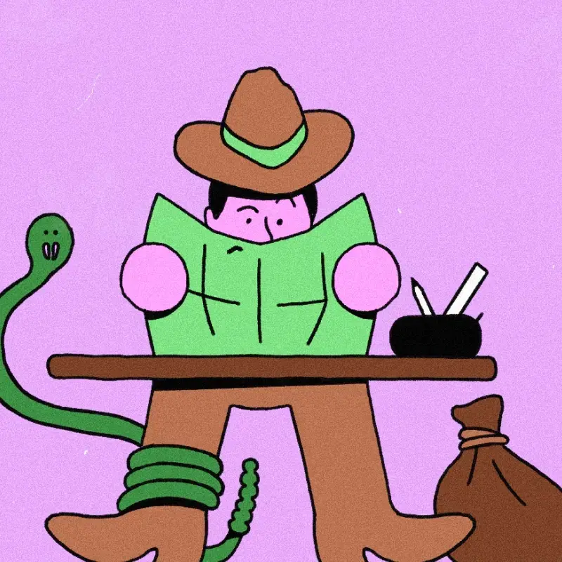 The explorer character sitting at a table and looking at a map