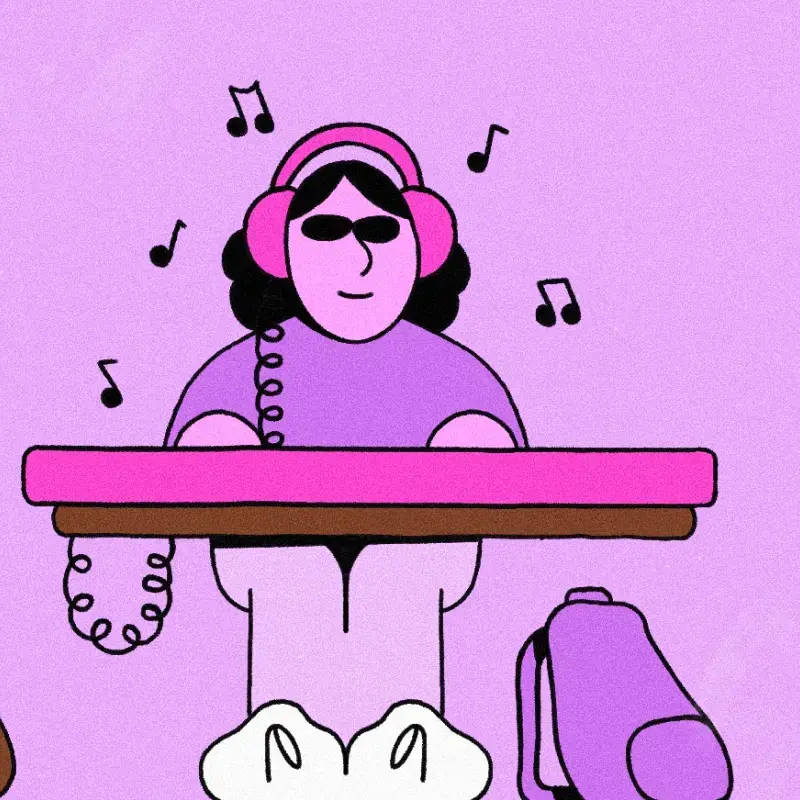 The musician character sitting at a table with headphones on