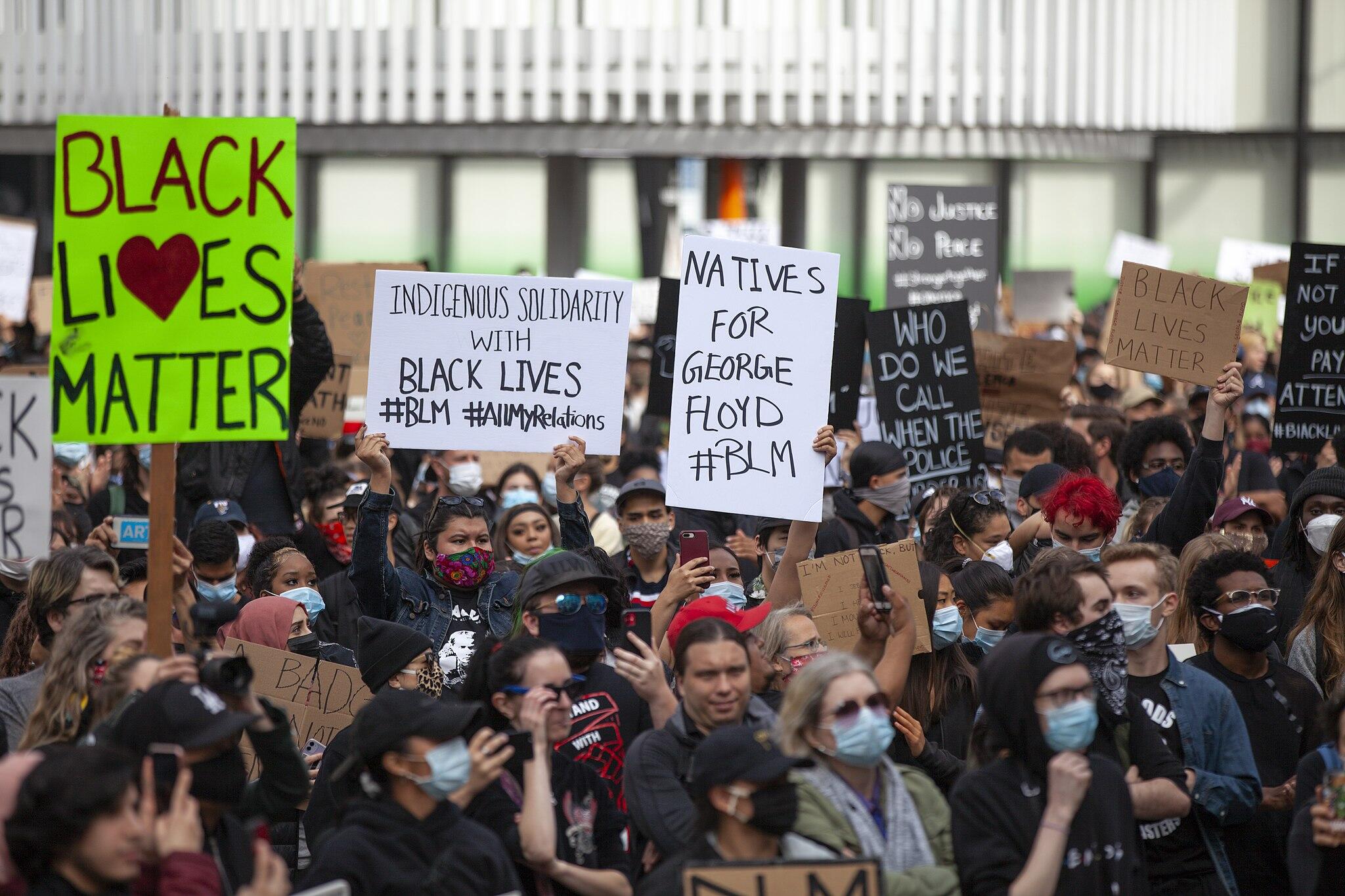 Crowd holding signs supporting Black Lives Matter and Indigenous solidarity.
