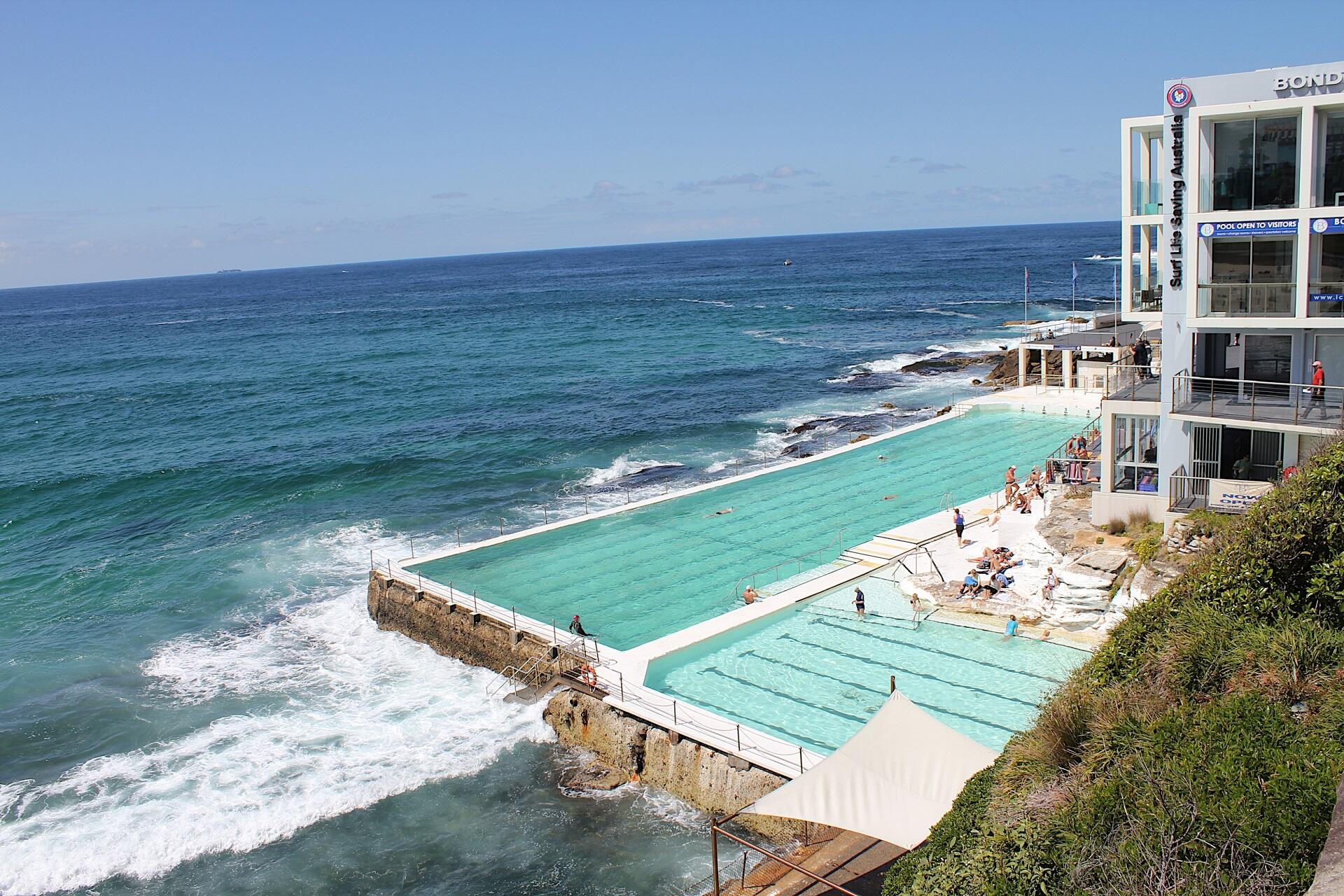 A tidal pool and the ocean on a sunny day.