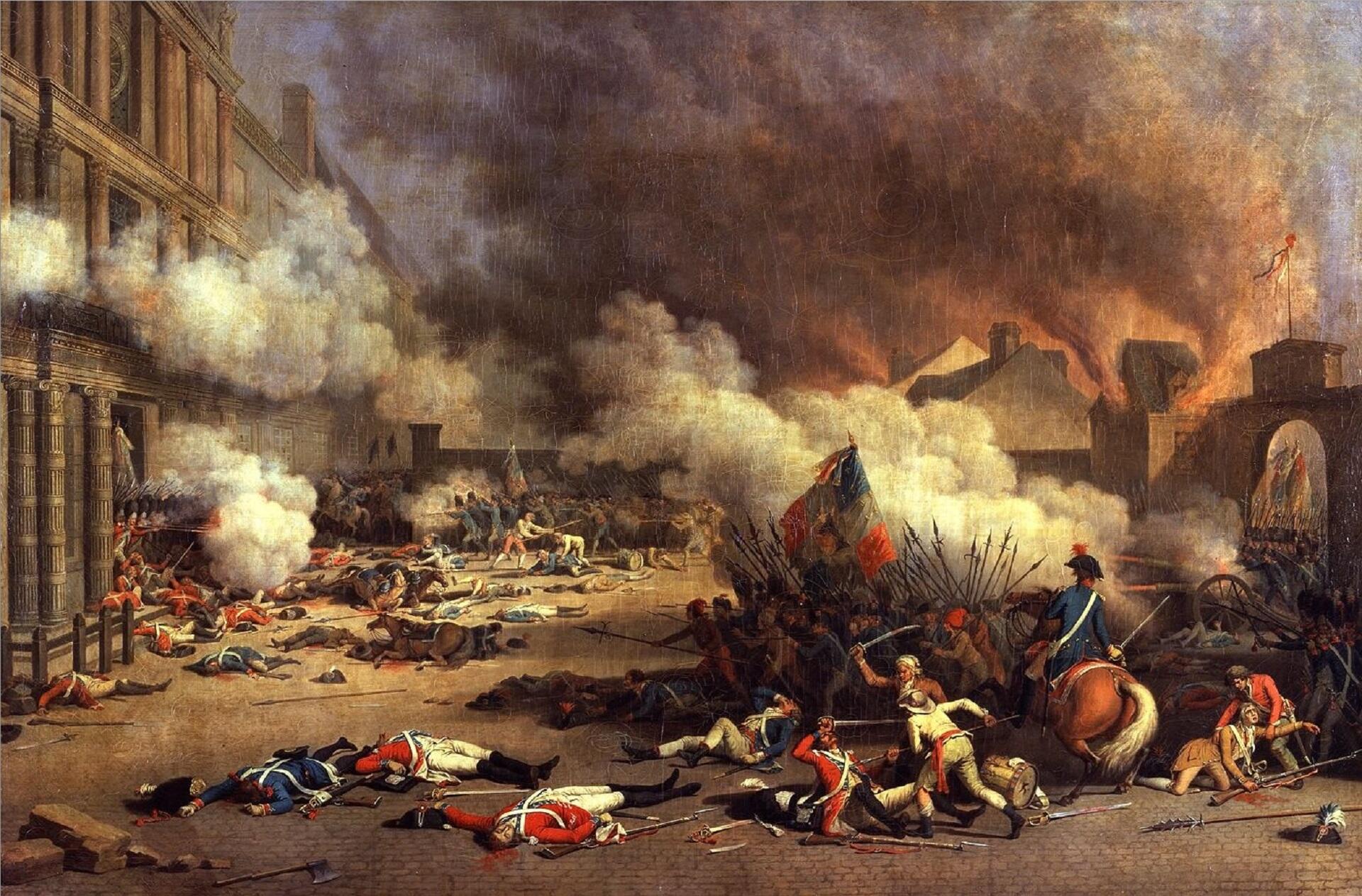 A battle scene with smoke billowing and people on the ground.
