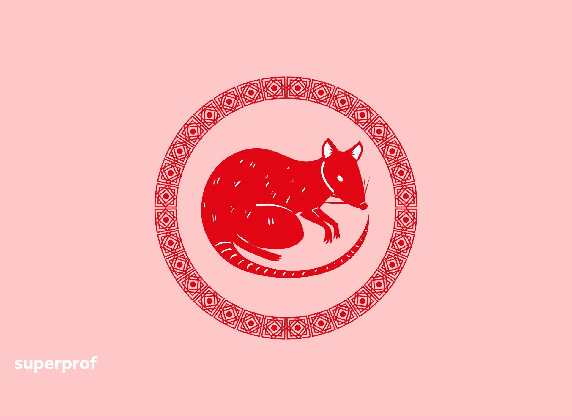 A red rat in a circle against a pink background.