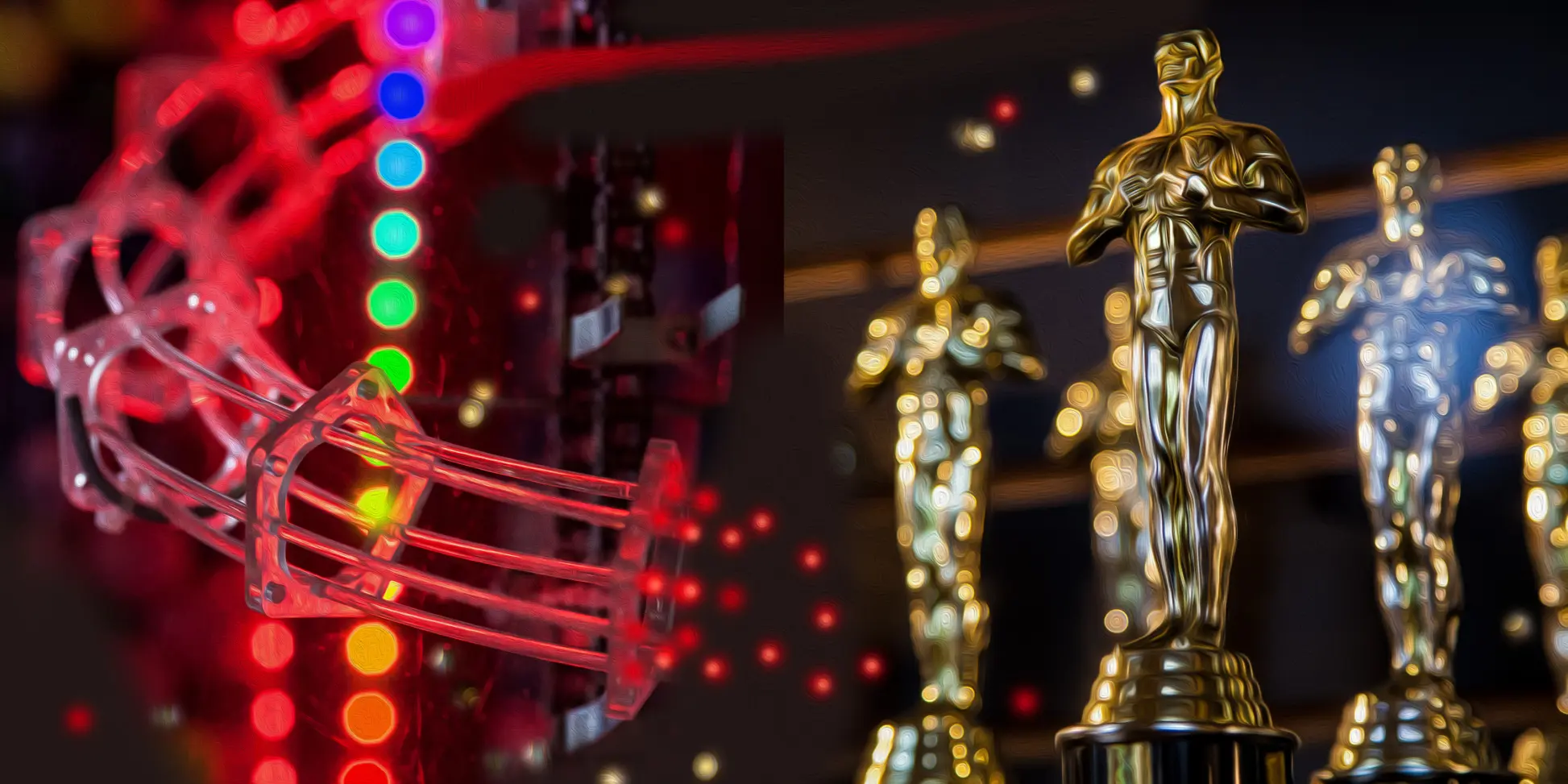 A close-up of vibrant red and colorful lights alongside multiple golden Oscar statuettes in a stylish display.