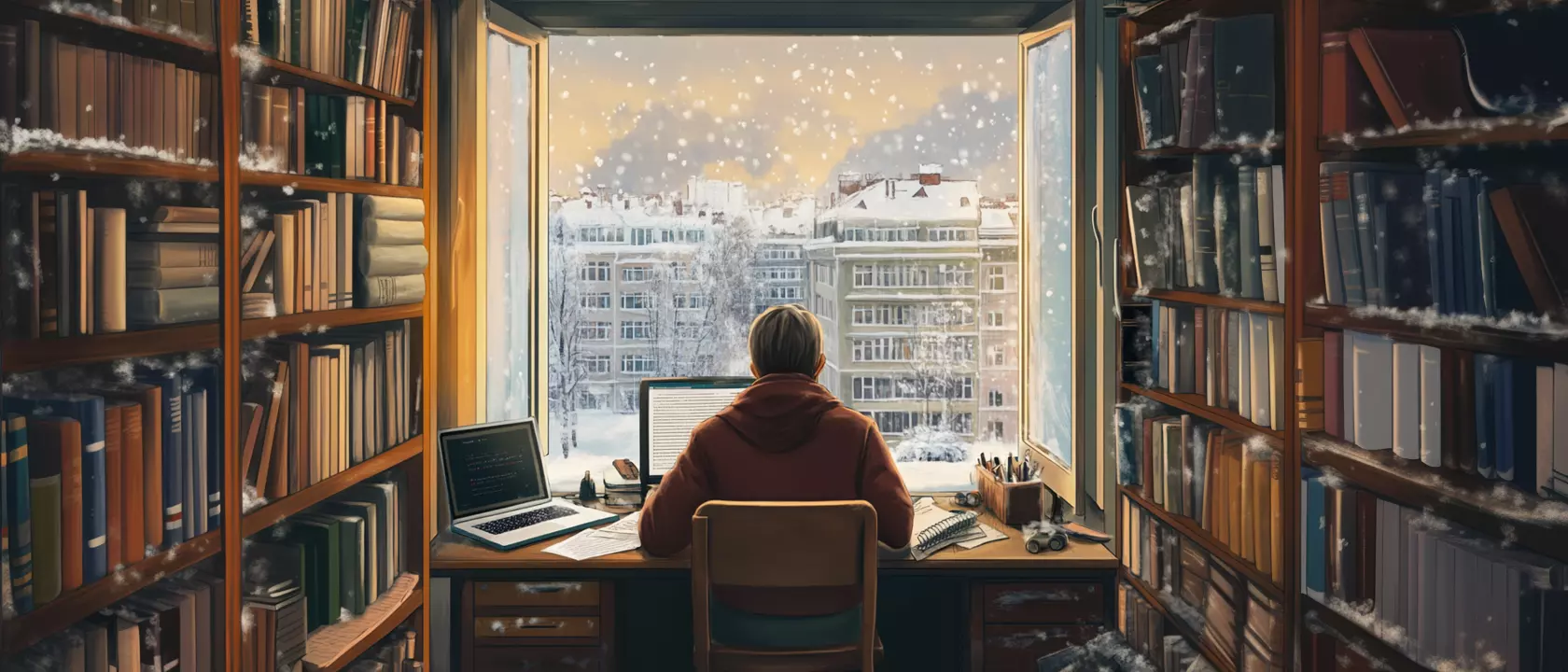 A person sits at a desk in a cozy library, watching snowfall outside the window, surrounded by bookshelves.
