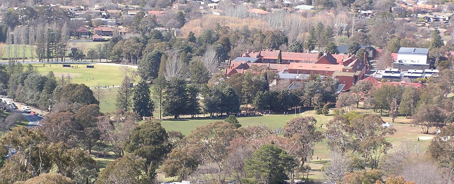 An aerial view of buildings and greenery.