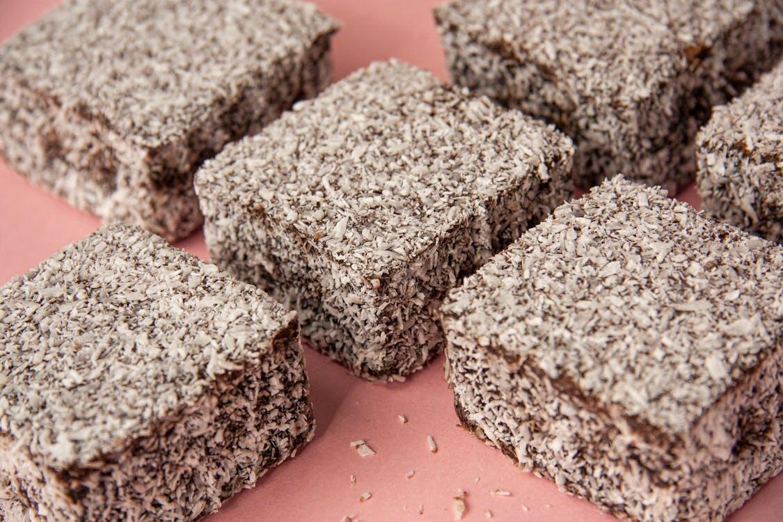 Close-up of lamingtons.