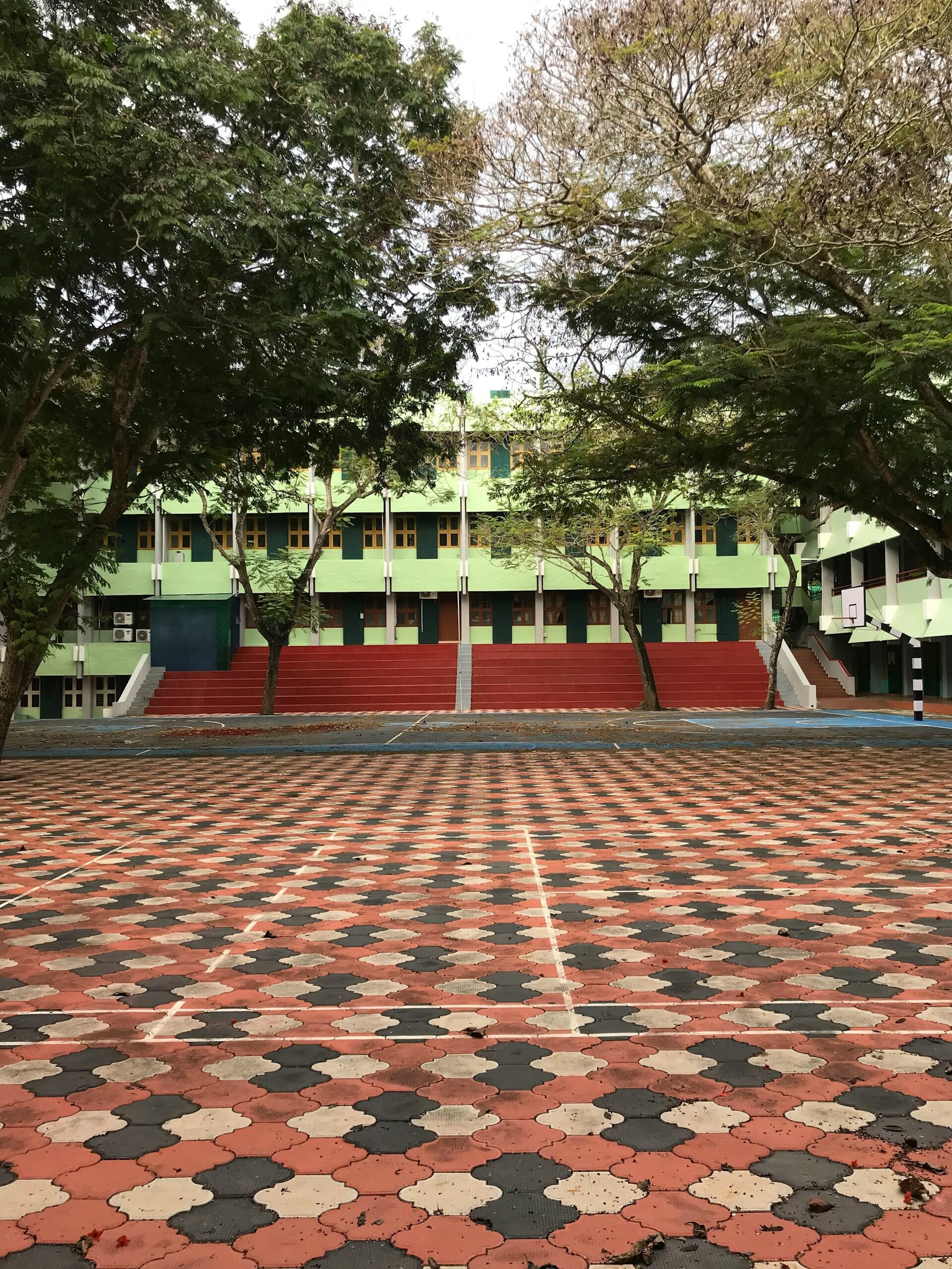 The entrance to a primary school, surounded by trees.