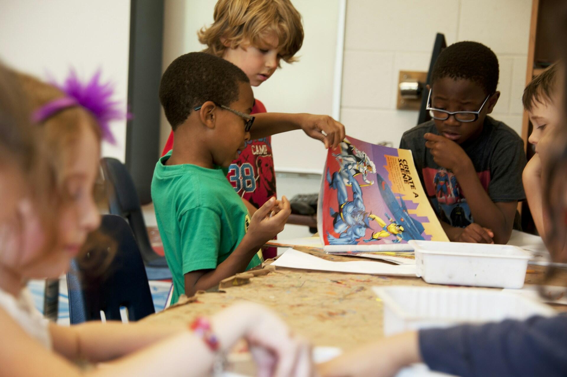 Primary school students looking at artwork.