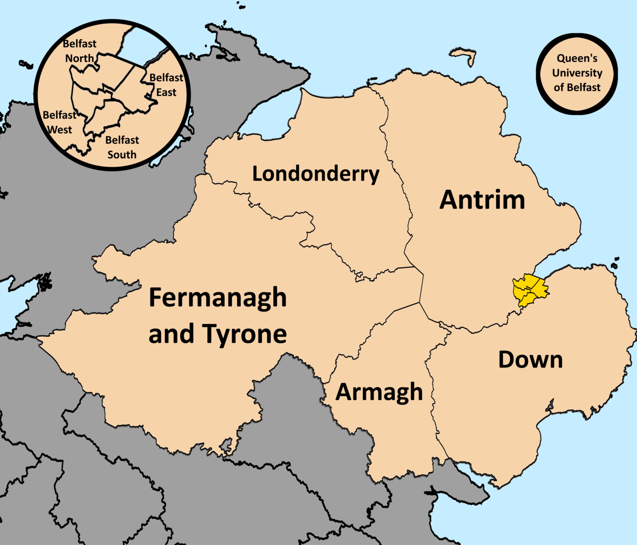 Map of Northern Ireland showing counties and the location, highlighted in yellow with Belfast city districts inset.