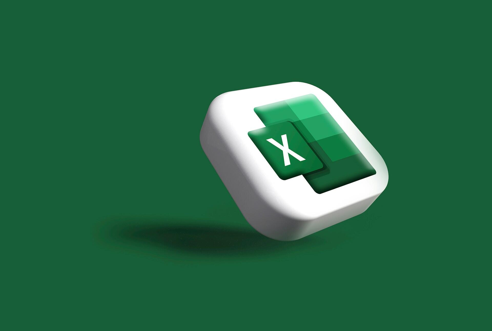 3D representation of the Microsoft Excel logo, featuring a green background.