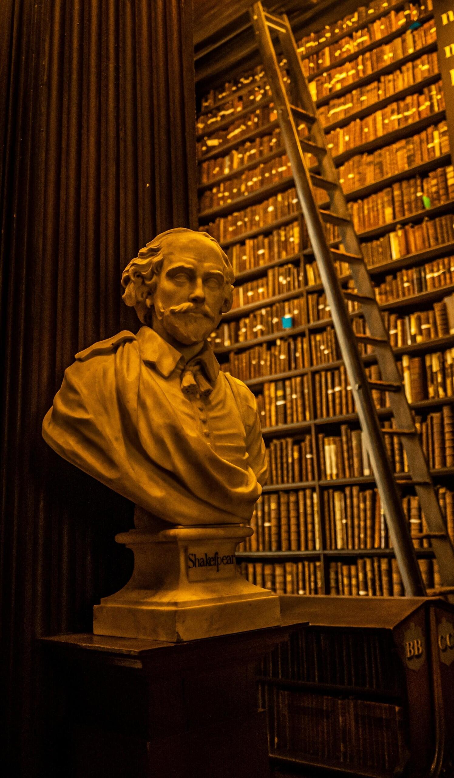 A marble bust labeled 