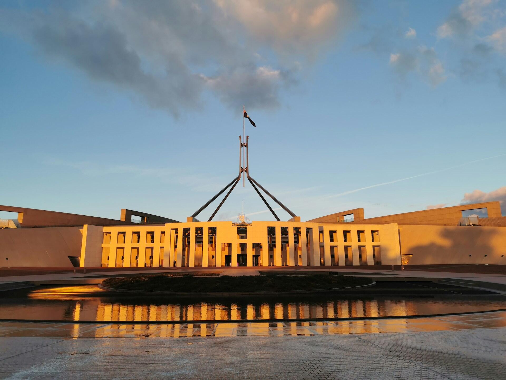 The Australian parliament building on a sunny day.