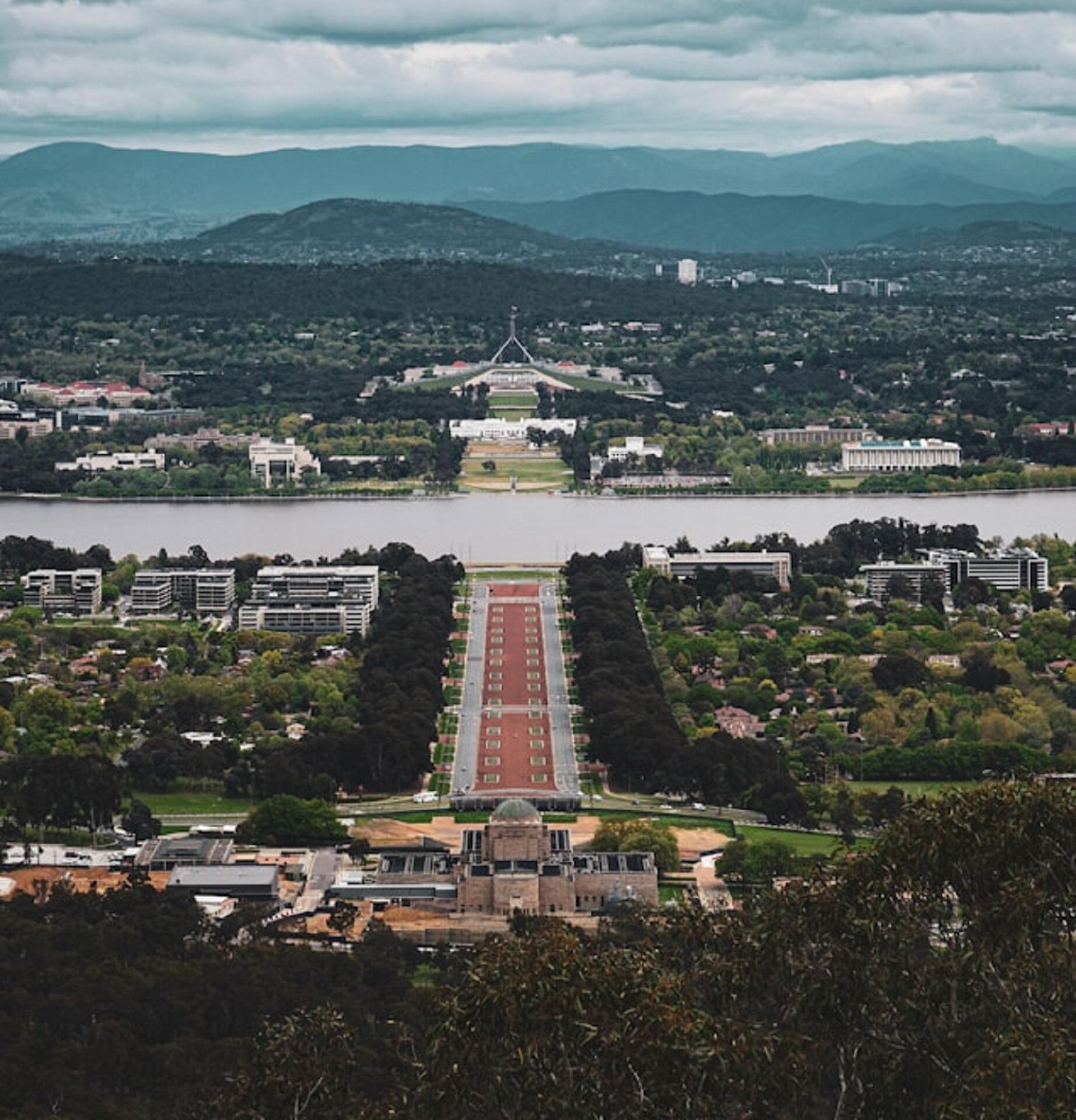 An aerial view of Canberra's parliament complex.