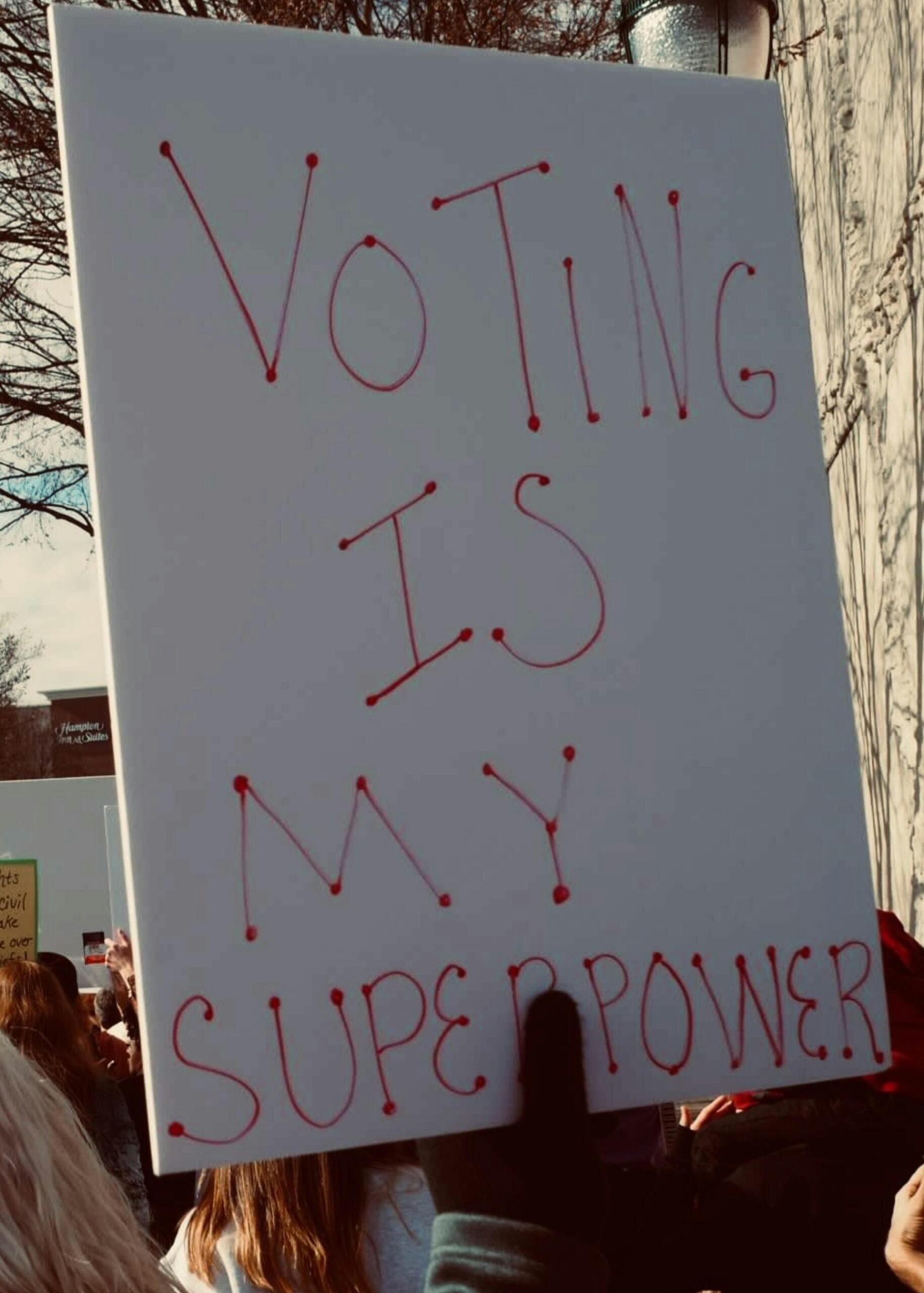 A handwritten sign about voting.