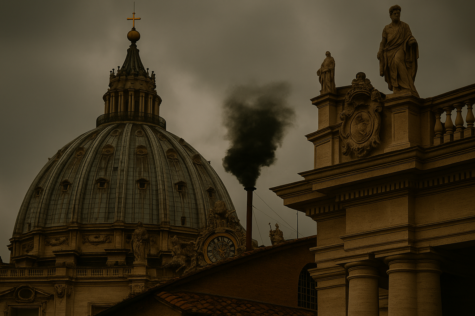 Panorama of the Vatican with black smoke rising after the failure to elect a new pope.