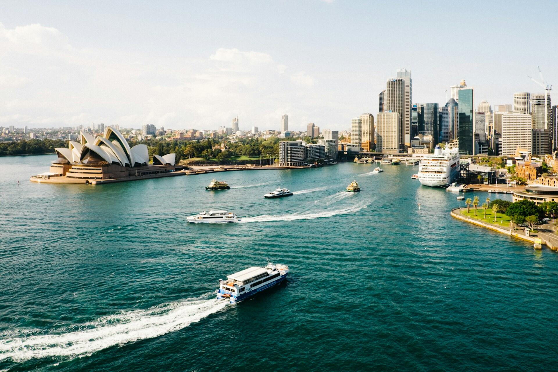 Sydney harbour with boats.