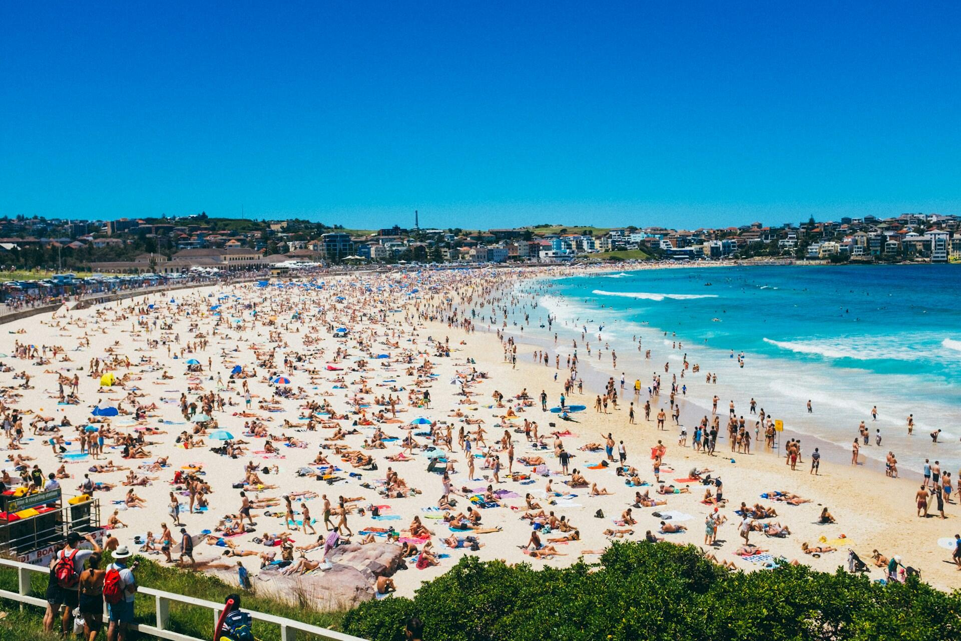 A busy Bondi Beach on a sunny day.