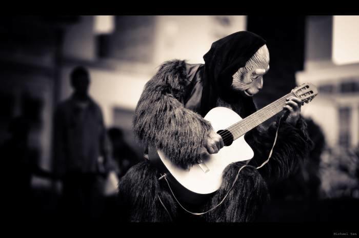 Someone in a monkey suit playing the guitar.