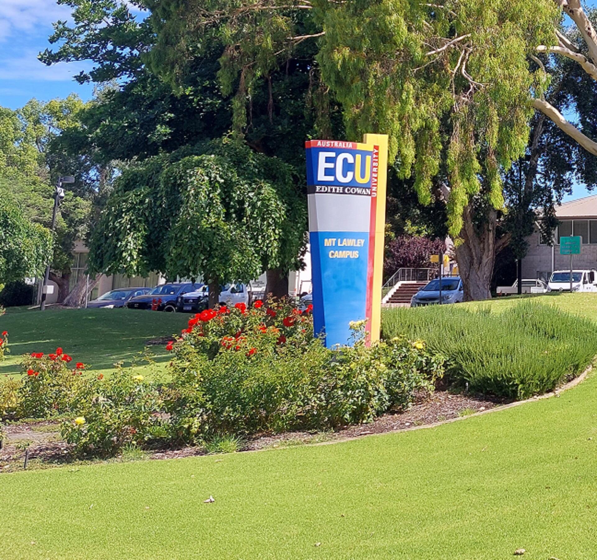 A blue and white sign set in a garden on a sunny day.