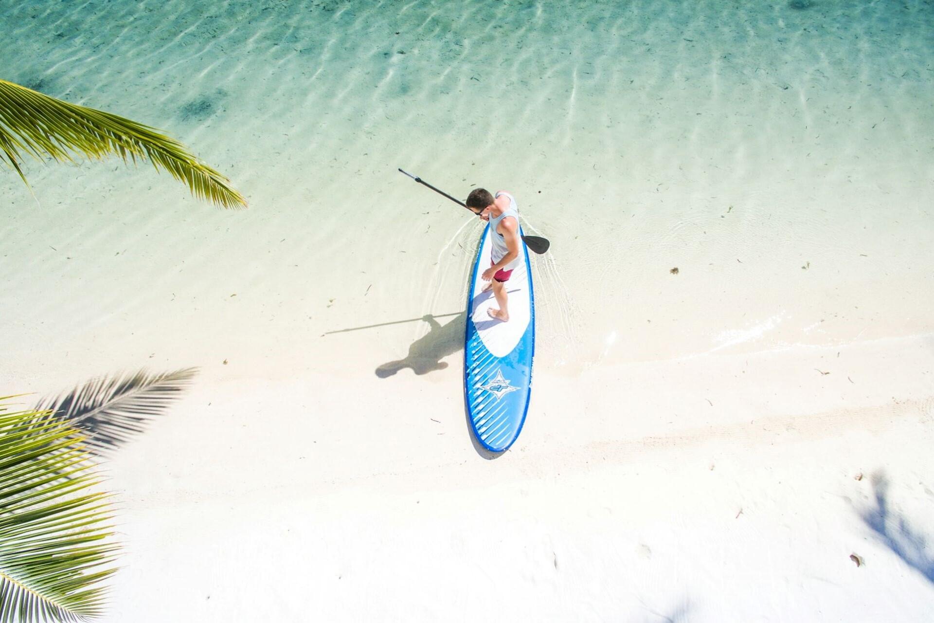 A paddleboarder standing on their board on land.