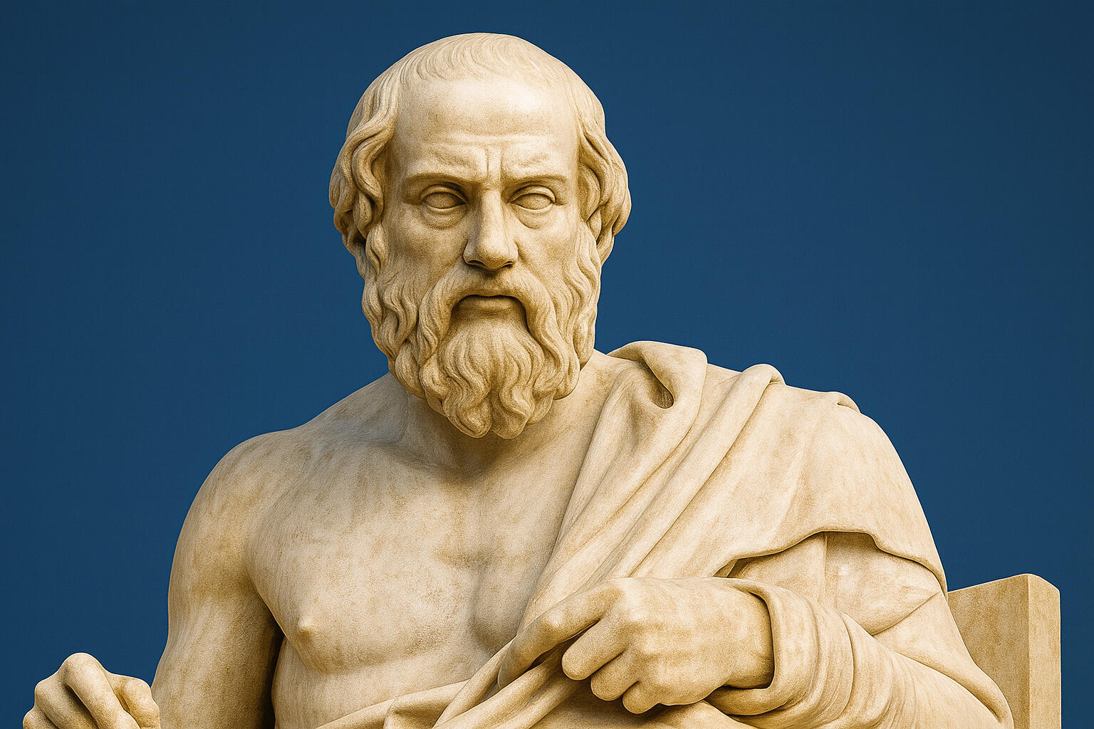 A marble statue of a philosopher draped in a flowing robe.