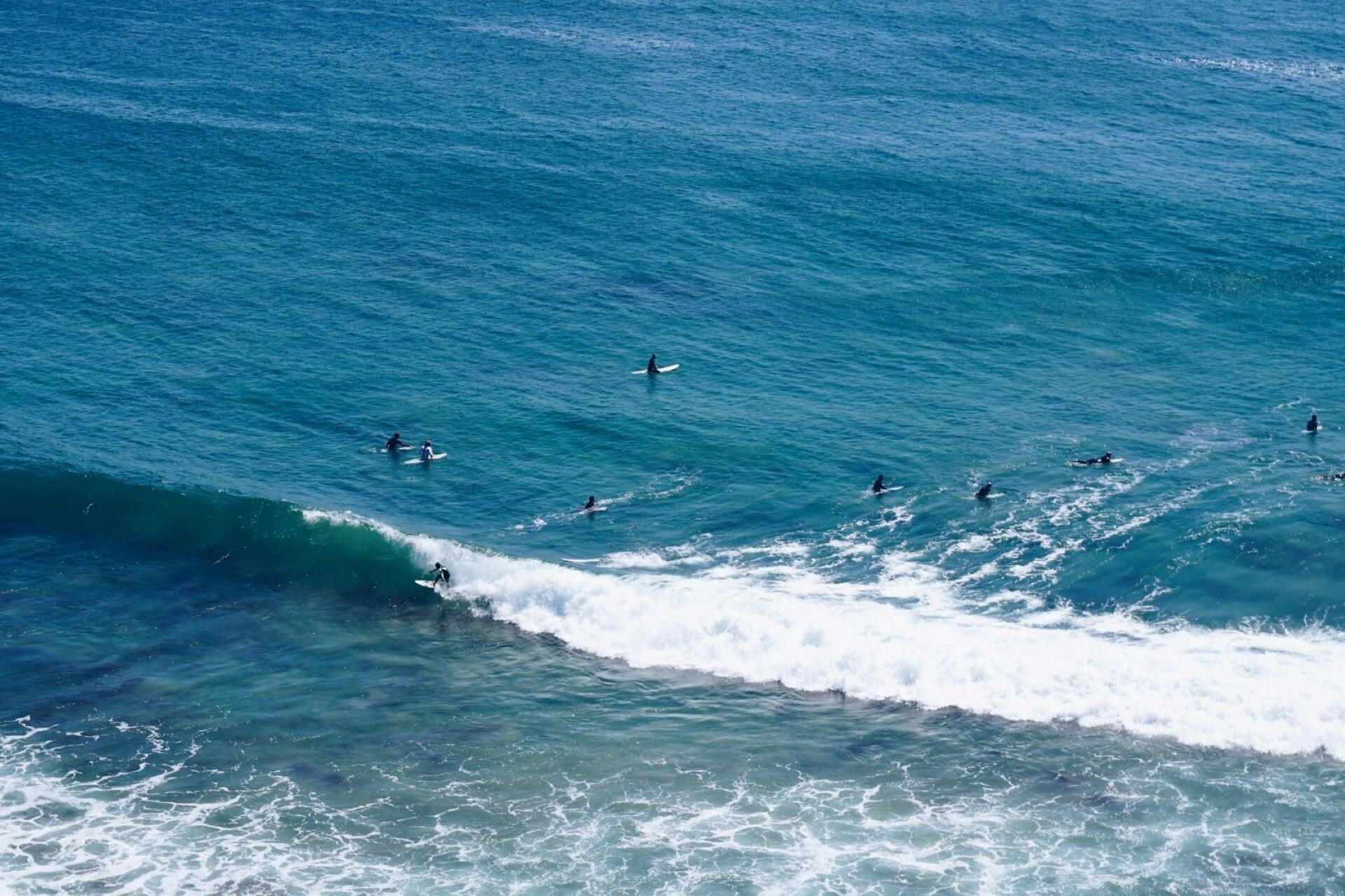 Surfers in a lineup.