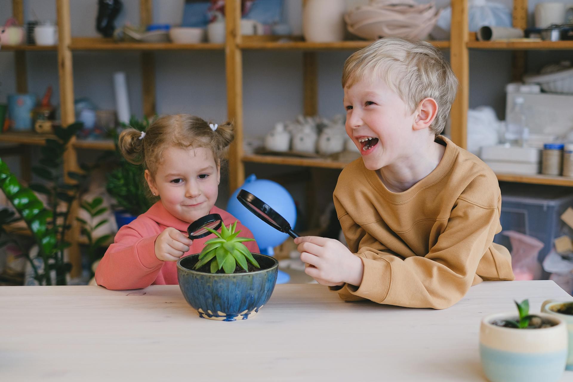 two young children having fun while studying a plant with magnifying glasses