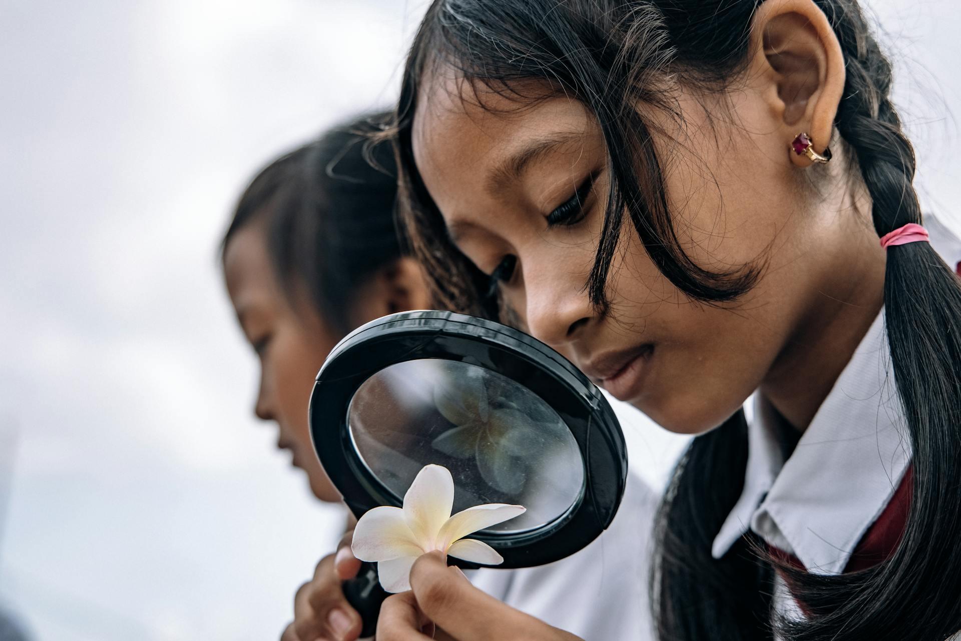 students looking at a flower through a magnifying glass