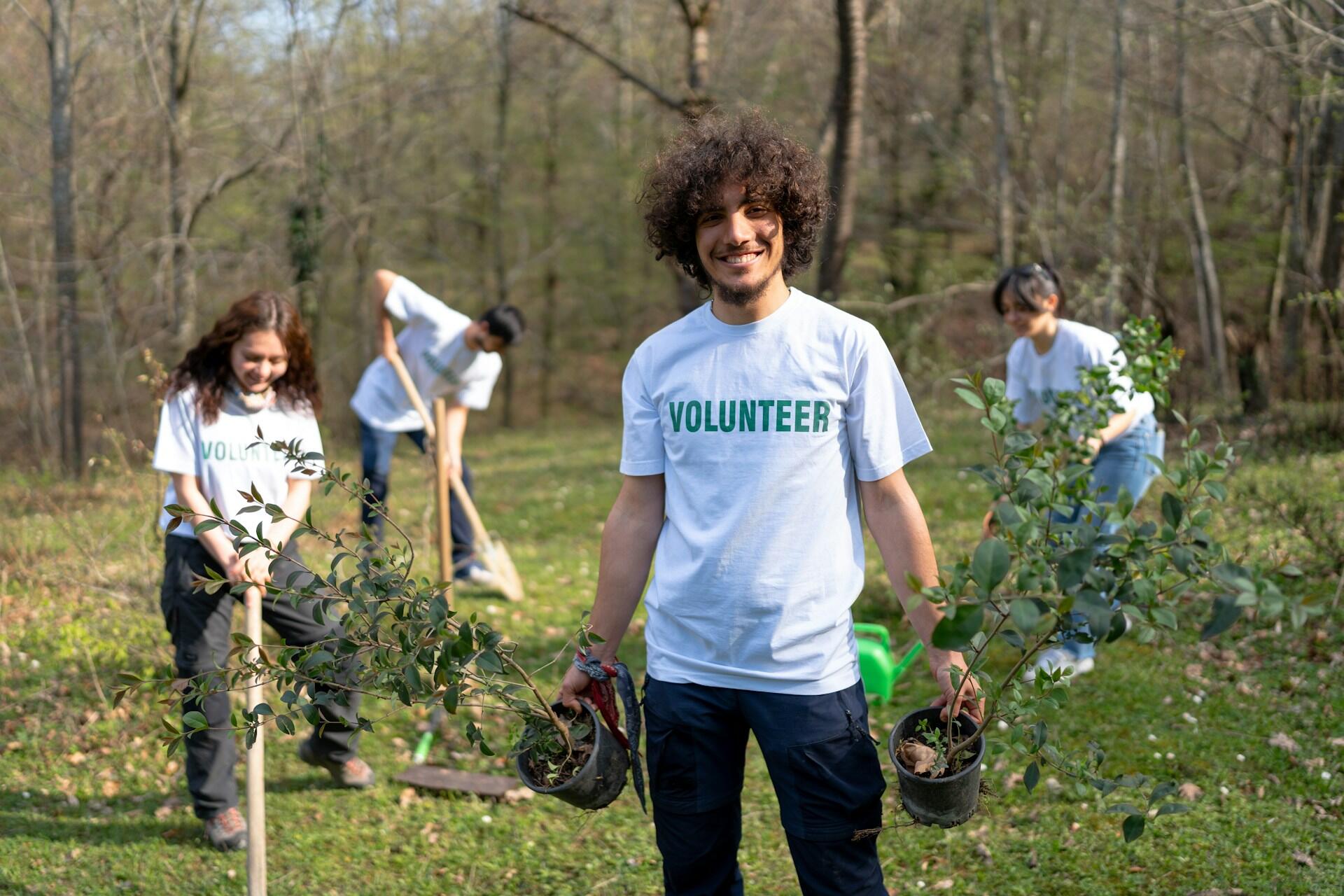 teens wearing t-shirts that say "volunteer" and planting trees