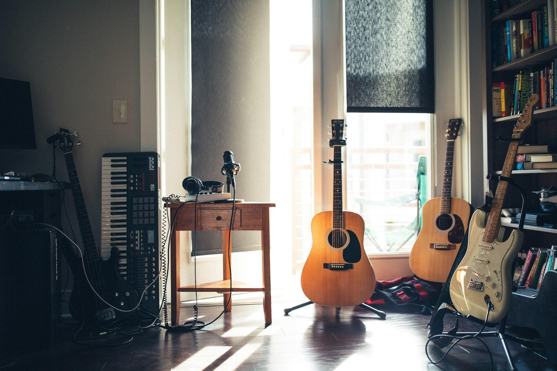 Musical instruments in a home studio.