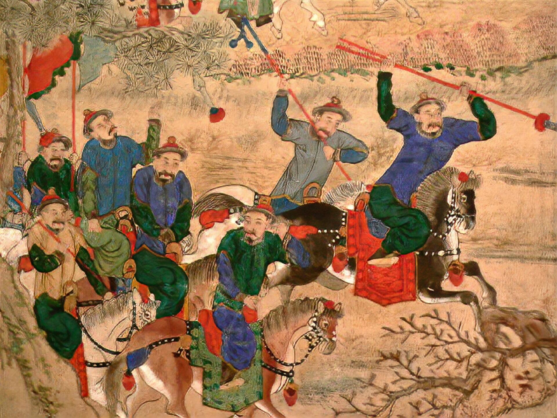 Painting of men on horseback brandishing weapons.