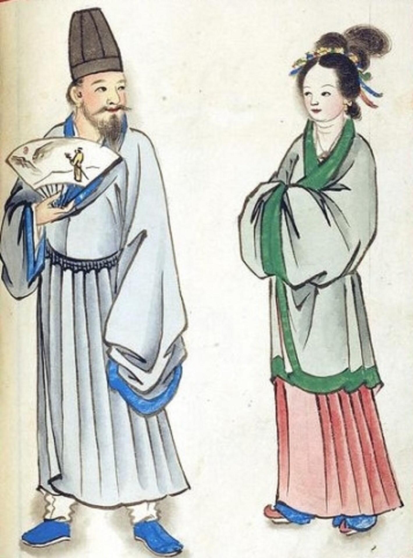 A man and a woman wearing traditional hanfu. 